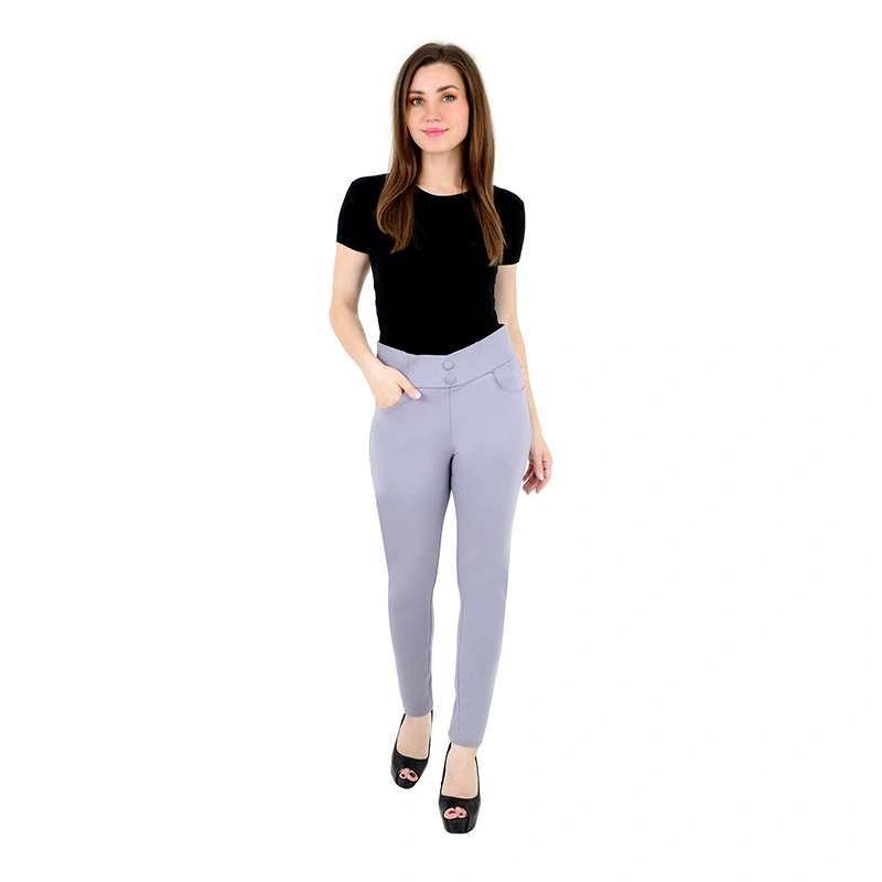 Female model in black top with light grey high-waist button trousers - fashion ecommerce photography by Lohar Studio Delhi